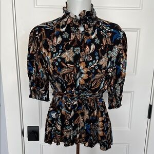 adL Ruffle Turtleneck Front Button Down Peplum Top in Sz Large
